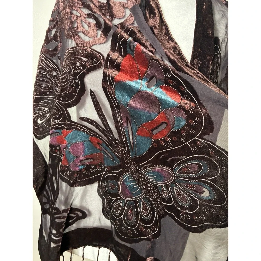 Butterfly Burnout Velvet Rectangular Scarf Brown Preppy Fairy Grunge